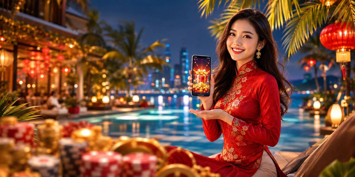 Người phụ nữ mặc áo dài tại Mũi Né nhận bonus đăng ký từ lotop trên điện thoại